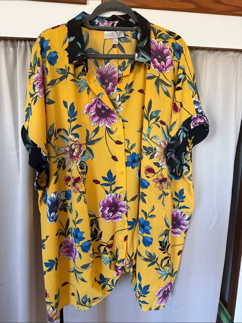 VIP Yellow Floral Button-Down Top with Black Trim